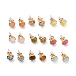 Mixed Stone Natural Gemstone Flat Round Stud Earrings, Real 24K Gold Plated 304 Stainless Steel Jewelry for Women, 16x9mm, Pin: 0.8mm