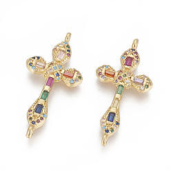 Golden Brass Micro Pave Cubic Zirconia Links, Cross, Colorful, Golden, 32.5x15.5x3.5mm, Hole: 1.2mm