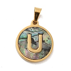Letter U Vacuum Plating 304 Stainless Steel with Paua Shell Pendants, Golden, Flat Round with Letter Charm, Letter.U, 18x16x1.5mm, Hole: 3x6mm