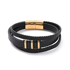 Golden Microfiber Multi-strand Bracelets, Braided Cord Bracelets for Men Women, with 304 Stainless Steel Magnetic Clasps & Beads, Electrophoresis Black & Golden, 8-1/2 inch(21.5cm)