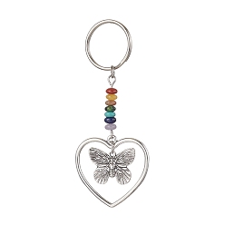 Butterfly Heart Alloy Pendant Keychain, with Chakra Gemstone Chip and Iron Split Key Rings, Butterfly, 7.4cm