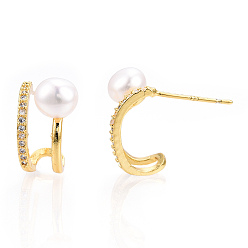 Real 18K Gold Plated Natural Pearl Stud Earrings with Cubic Zirconia, Brass Arch Earrings with 925 Sterling Silver Pins, Cadmium Free & Nickel Free & Lead Free, Real 18K Gold Plated, 14x9mm, Pin: 0.8mm