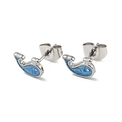 Dodger Blue Enamel Dolphin Stud Earrings with 316 Surgical Stainless Steel Pins, Stainless Steel Color Plated 304 Stainless Steel Jewelry for Women, Dodger Blue, 6x8mm, Pin: 0.8mm
