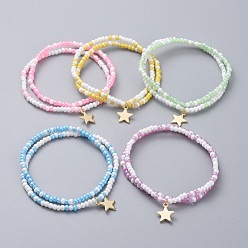 Mixed Color Glass Seed Beaded Kids Stretch Bracelets, Stackable Bracelets, with Star Brass Charms, Mixed Color, 2 inch(5cm), 2pcs/set