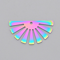 Rainbow Color Ion Plating(IP) 201 Stainless Steel Pendants, Fan, Laser Cut, Rainbow Color, 17x32x1mm, Hole: 1.6mm