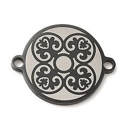 Electrophoresis Black 304 Stainless Steel Connector Charms, Flat Round Links with Flower Pattern, Electrophoresis Black, 16x20x1.5mm, Hole: 1.6mm