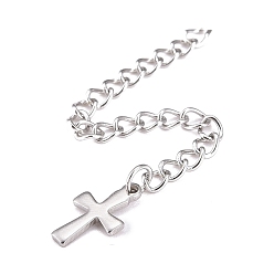 Stainless Steel Color 304 Stainless Steel Chain Extender, Curb Chain, with 202 Stainless Steel Charms, Cross, Stainless Steel Color, 63~68mm, Link: 3.7x3x0.5mm, Cross: 11.8x7x0.6mm