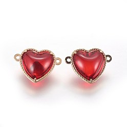 Red Glass Links connectors, with Eco-Friendly Alloy Findings, Heart, Light Gold, Red, 14x18.5x7mm, Hole: 1.2mm