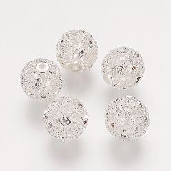 Серебро Латунные шарики циркония кубической, филигранный шар, филигрань, круглые, серебряный цвет гальваническим, 10 мм, отверстие : 1 мм
