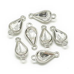 Clear Alloy Glass Links connectors, teardrop, Platinum, Clear, 21x10x5~6mm, Hole: 2mm