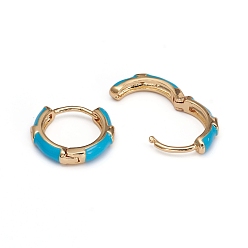 Deep Sky Blue Brass Micro Pave Clear Cubic Zirconia Huggie Hoop Earrings, with Enamel, Deep Sky Blue, 16x3mm, Pin: 1mm