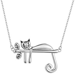 Platinum Rhodium Plated 925 Sterling Silver Cat On Branch Pendant Necklace for Women, Platinum, 15.35 inch(39cm)