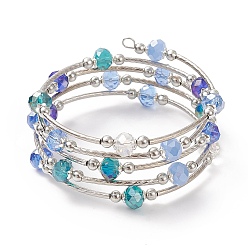Cornflower Blue Glass Beads Five Loops Wrap Bracelets, Brass Bead Bracelet for Women, Cornflower Blue, Inner Diameter: 2 inch(5cm)