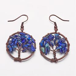Lapis Lazuli Dangle Earrings, with Natural Lapis Lazuli Beads and Brass Hooks, Ring with Tree of Life, 50mm, Pin: 0.6mm