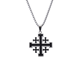 Stainless Steel Color Enamel Cross Pendant Necklace with Box Chains, Titanium Steel Jewelry for Men Women, Stainless Steel Color, 19.69 inch(50cm)