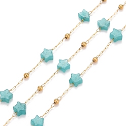 Amazonite Ion Plating(IP) 304 Stainless Steel Satellite Chains, with Natural Amazonite Star Beaded, Unwelded, with Spool, Golden, 4x4x2mm
