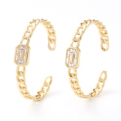 Clear Brass Micro Pave Cubic Zirconia Cuff Bangles, Rectangle, Curb Chain, Real 18K Gold Plated, Clear, Inner Diameter: 2-1/4 inch(5.7cm)