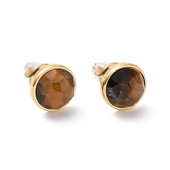 Tiger Eye Natural Tiger Eye Flat Round Stud Earrings, Real 24K Gold Plated 304 Stainless Steel Jewelry for Women, 16x9mm, Pin: 0.8mm