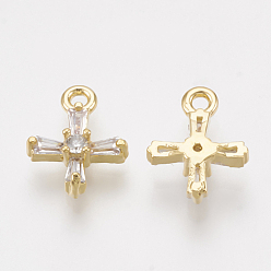 Real 18K Gold Plated Brass Cubic Zirconia Tiny Cross Charms, Clear, Real 18K Gold Plated, 9.5x7.5x2.5mm, Hole: 1mm