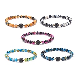 Mixed Color Natural Fire Crackle Agate & Lava Rock Stretch Bracelet, Essential Oil Gemstone Jewelry for Women, Mixed Color, Inner Diameter: 2-1/4 inch(5.6cm)