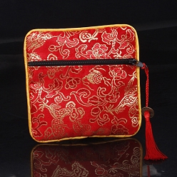 Красный Квадратные тканевые сумки с кисточками в китайском стиле, с застежкой-молнией, Для браслетов, Ожерелье, красные, 11.5x11.5 см