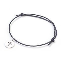 Black 304 Stainless Steel Charm Bracelets, with Chinese Waxed Cotton Cord, Flat Round with Cross, Black, 1-7/8 inch(4.9cm)~3-1/2 inch(8.9cm), 1mm