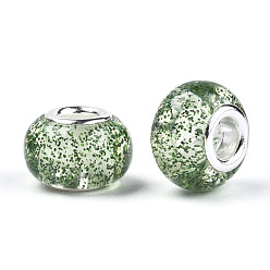 Medium Sea Green Epoxy Resin European Beads, Large Hole Beads, with Glitter Powder and Platinum Tone Brass Double Cores, Rondelle, Medium Sea Green, 14x9mm, Hole: 5mm
