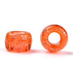 Coral Transparent Plastic Beads, with Glitter Powder, Barrel, Coral, 9x6mm, Hole: 3.8mm, about 1900pcs/500g