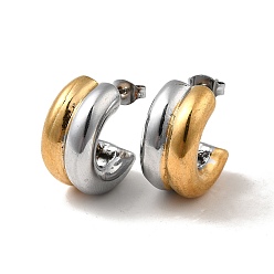 Golden & Stainless Steel Color Two Tone C Shaped 304 Stainless Steel Stud Earrings for Women, Golden & Stainless Steel Color, 19.5x10x5mm, Pin: 0.8mm