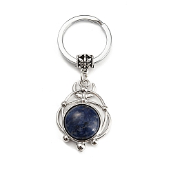 Sodalite Porte-clés pendentif sodalite naturelle, plat rond, avec les accessoires en laiton, argent antique et platine, 65~66mm