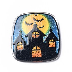 Casa Colgantes de acrílico impresos opacos con tema de halloween, encantos trapezoidales, casa, 42x36x2 mm, agujero: 2 mm