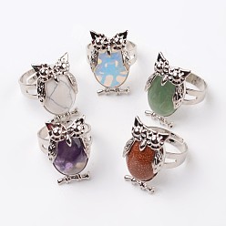 Mixed Stone Owl Brass Natural & Synthetic Mixed Stone Finger Rings, Platinum, Size 8, 18mm