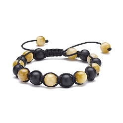 Yellow Round Stone Braided Bead Bracelets Set, Natural Tiger Eye & Synthetic Black Stone Beads Stackable Bracelets for Women, Inner Diameter: 2-1/4~3-1/2 inch(5.6~8.8cm)