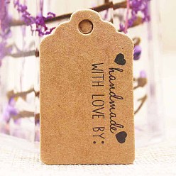 BurlyWood Etiquetas de regalo de papel, etiquetas de suspensión, para manualidades, para la boda, Día de San Valentín, rectángulo con palabra hecha a mano con amor, burlywood, 50x30x0.4 mm, agujero: 5 mm