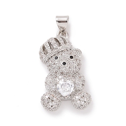 Clear Brass Cubic Zirconia Pendants, Platinum,  Bear with Heart Charm, Clear, 26x15x10mm, Hole: 4x4.5mm