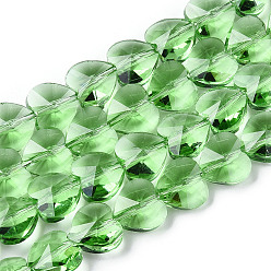 Verde Lima Perlas de vidrio transparentes, facetados, corazón, verde lima, 14x14x8.5 mm, agujero: 1 mm