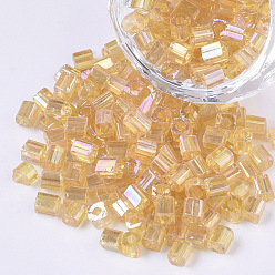 BurlyWood 6/0 Glass Seed Beads, Transparent Colours Rainbow, Square Hole, Cube, BurlyWood, 6/0, 3~5x3~4x3~4mm, Hole: 1.2~1.4mm, about 4500pcs/bag