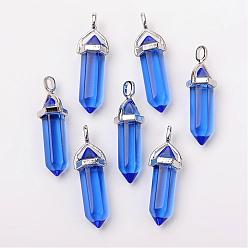 Blue Bullet Glass Pointed Pendants, with Alloy Findings, Platinum, Blue, 40x12mm, Hole: 3x4mm