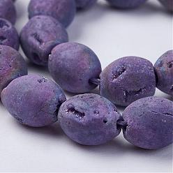Purple Electroplated Natural Druzy Geode Agate Bead Strands, Drum, Purple, 9.5~10.5x8mm, Hole: 1mm, about 20pcs/strand, 7.48 inch