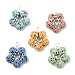 Mixed Color 5Pcs 5 Colors Natural Lava Rock Dyed Beaded Pendants, Silver Color Plated Copper Wire Wrapped Star Charms, Mixed Color, 25.5~27x21.5~22x8.5mm, Hole: 2.7~3mm, 1pc/color