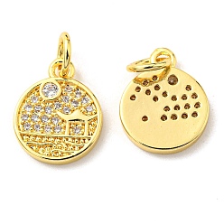 Real 18K Gold Plated Rack Plating Brass Micro Pave Cubic Zirconia Charms, with Jump Ring, Scenery, Flat Round, Real 18K Gold Plated, 12.5x10x1.5mm, Hole: 3.2mm