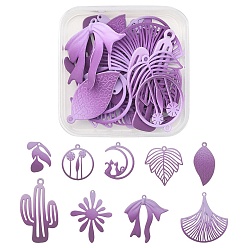 Púrpura Media 1 juego de colgantes de aleación pintados con spray, flor y hoja y lazo y cactus y luna, púrpura medio, 21~44.5x15~33.5x1~2.5 mm, agujero: 1.2~1.5 mm, 18 PC / sistema