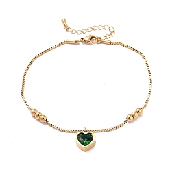 Dark Green Glass Heart Charm Bracelet with Box Chains, Golden 304 Stainless Steel Jewelry for Women, Dark Green, 8-5/8 inch(22cm)