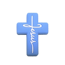 Bleu Bleuet Croix avec le mot Jésus, perles en silicone de qualité alimentaire, perles de dentition en silicone, bleuet, 30x22.2mm