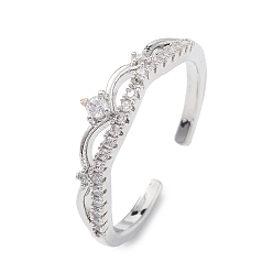 Platinum Clear Cubic Zirconia Crown Open Cuff Ring, Brass Jewelry for Women, Platinum, Inner Diameter: 17mm