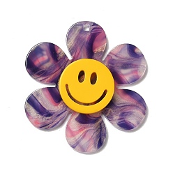 Фиолетовый Двухцветные акриловые большие подвески, цветок с улыбающимся лицом, фиолетовые, 55x50x4.5 мм, отверстие : 1.8 мм
