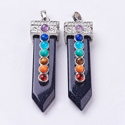 Blue Goldstone Synthetic Blue Goldstone with Synthetic & Natural Mixed Stone Chakra Big Pendants, Sword, Platinum, 57~60x16.5x12mm, Hole: 5mm