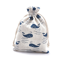 Steel Blue Polycotton(Polyester Cotton) Packing Pouches Drawstring Bags, with Printed Whale Shape, Steel Blue, 18x13cm