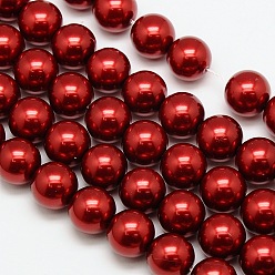 Red Eco-Friendly Dyed Glass Pearl Round Beads Strands, Grade A, Cotton Cord Threaded, Red, 14mm, Hole: 0.7~1.1mm, about 30pcs/strand, 15 inch