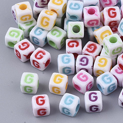 Letter G White Opaque Acrylic Beads, Horizontal Hole, Cube with Mixed Color Letter, Letter.G, 5x5x5mm, Hole: 2mm, about 5000pcs/500g